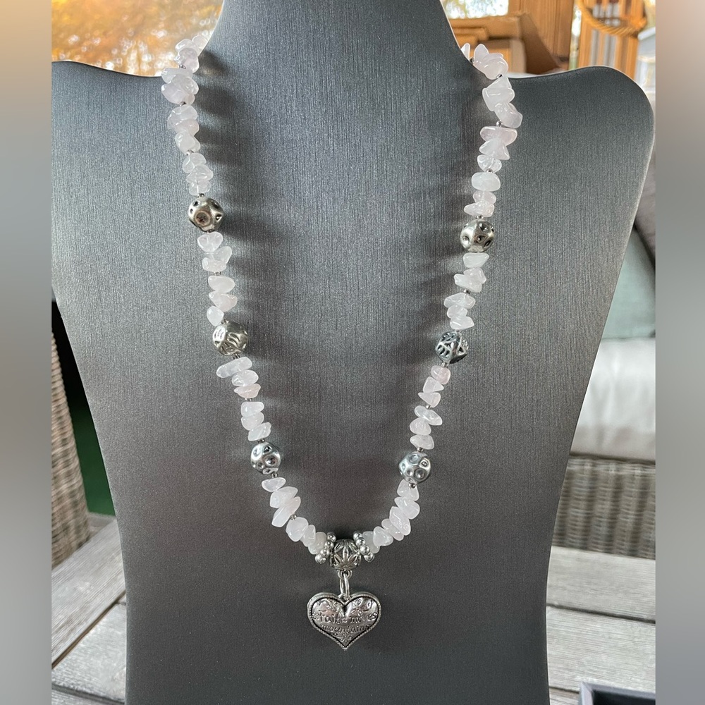 Rose Quartz and Silver-tone Heart Positive Affirmation Necklace